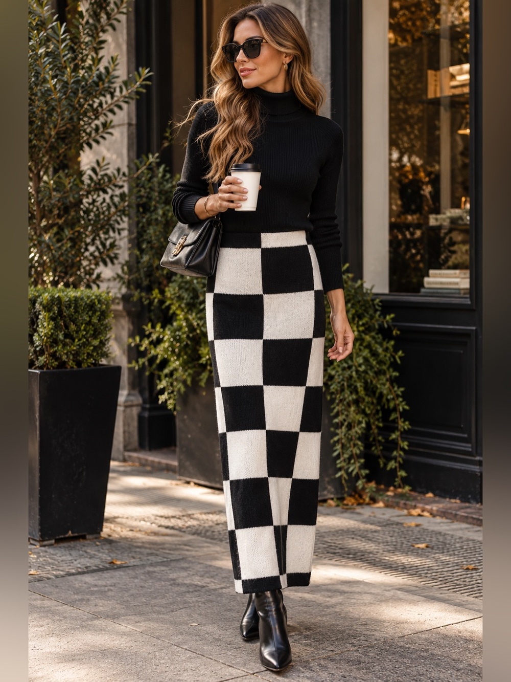 NWT Checkerboard Knit Maxi Skirt - Black & White